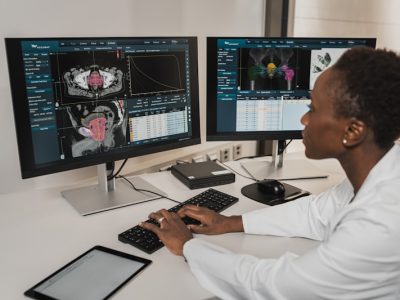 Doctor working at computer for medical SEO
